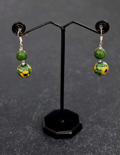 Two Bead Blue Pottery Earrings (Green & Yellow)